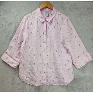 Chicos Size 3 No Iron 100% Linen Bird Print Striped Top XL Preppy Resortwear